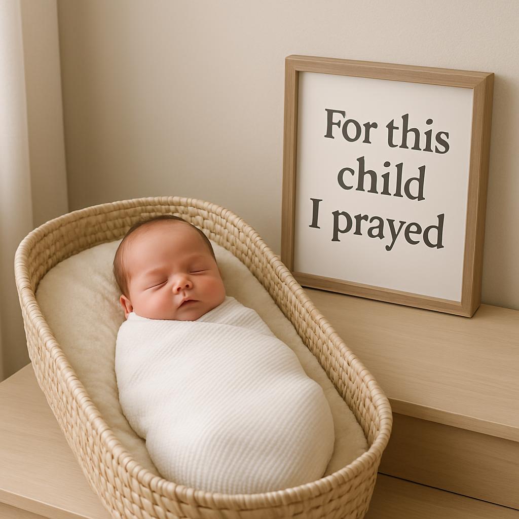 Baby sleeping in woven basket, "For the child I prayed" sign on dresser.