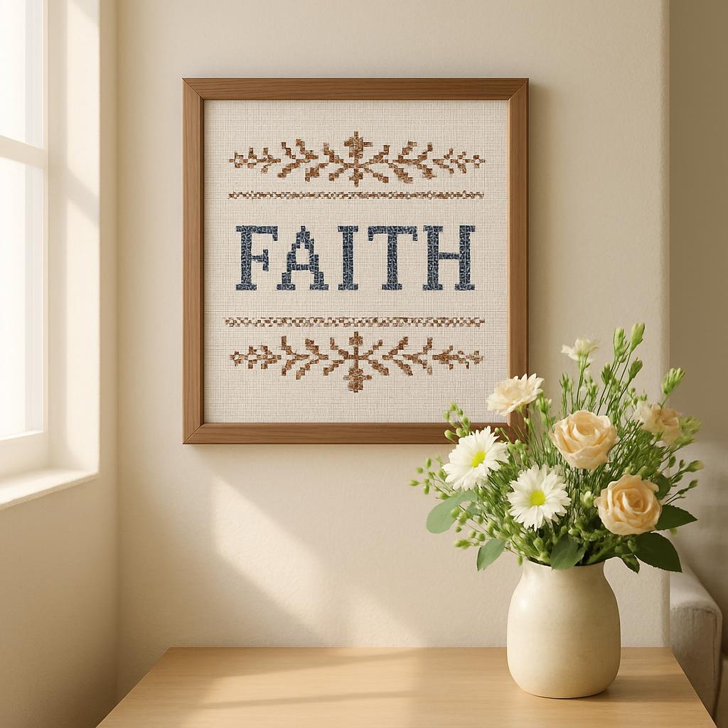 A cross-stitched picture of the word "FAITH" hangs on the wall, accompanied by a vase of flowers at its foot and a window ...