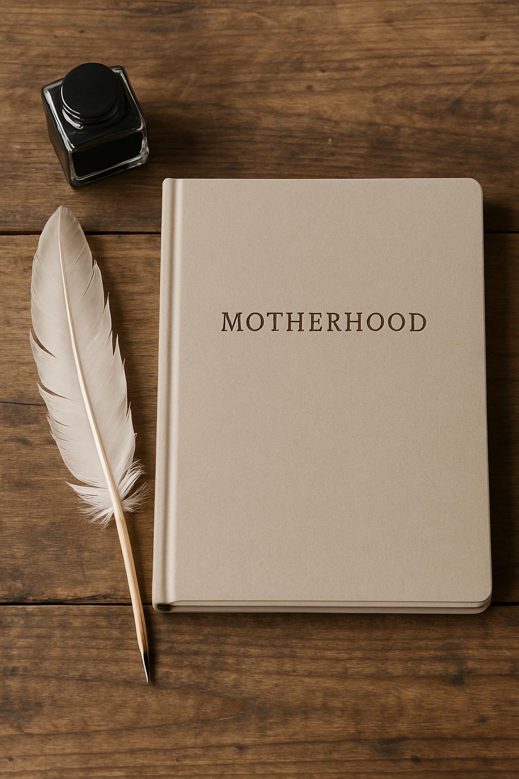 The alt text for this image should read: A book titled "motherhood" with a feather quill and inkwell.