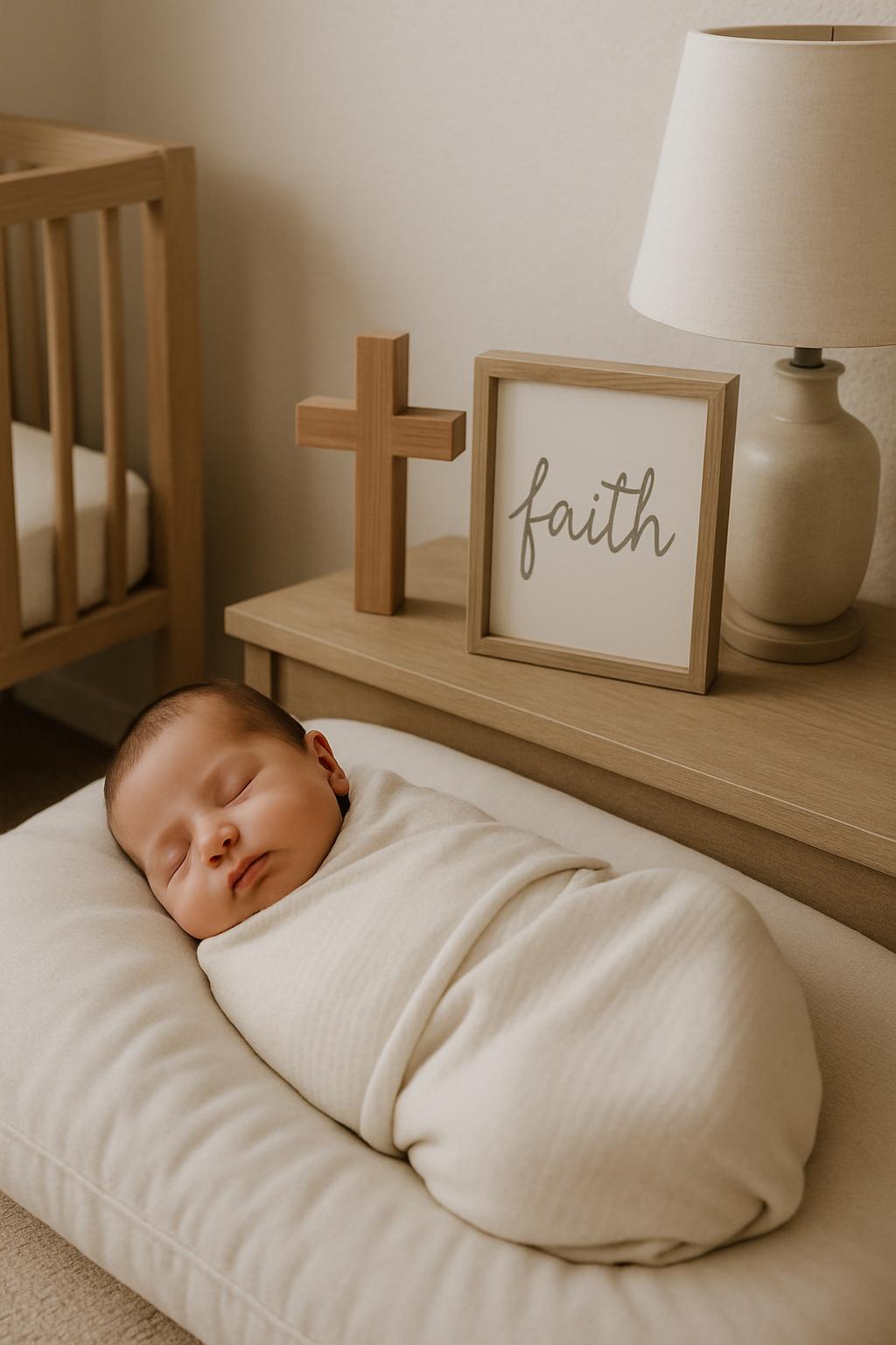 A baby is peacefully sleeping in a bassinet with a cross on a table beside it.