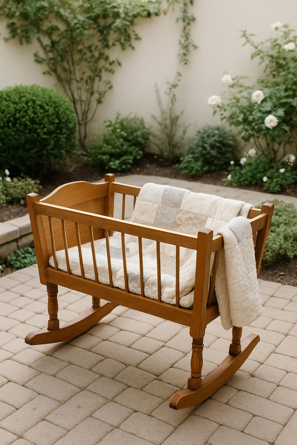 A wooden cradle for a baby, featuring a light wood finish and a quilt blanket trendy of muted tones, resting on a brick pa...