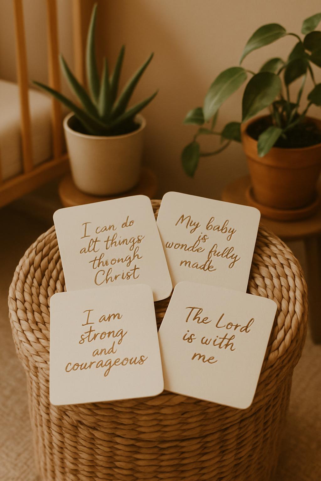 A collection of four beige cards, each with intricate gold script, is placed on a woven cylindrical surface, likely a bask...